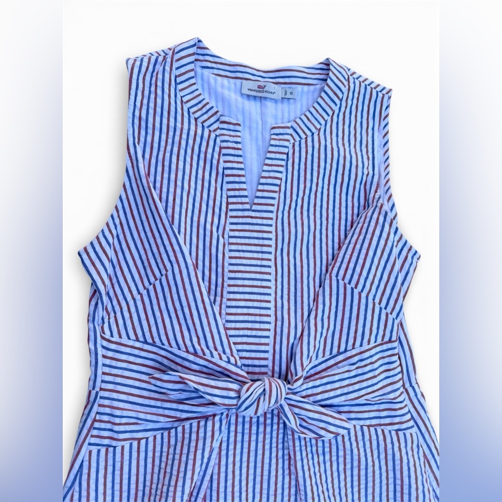 Vineyard Vines Red and Blue seersucker Striped Tie Front Mini Jumper Dress